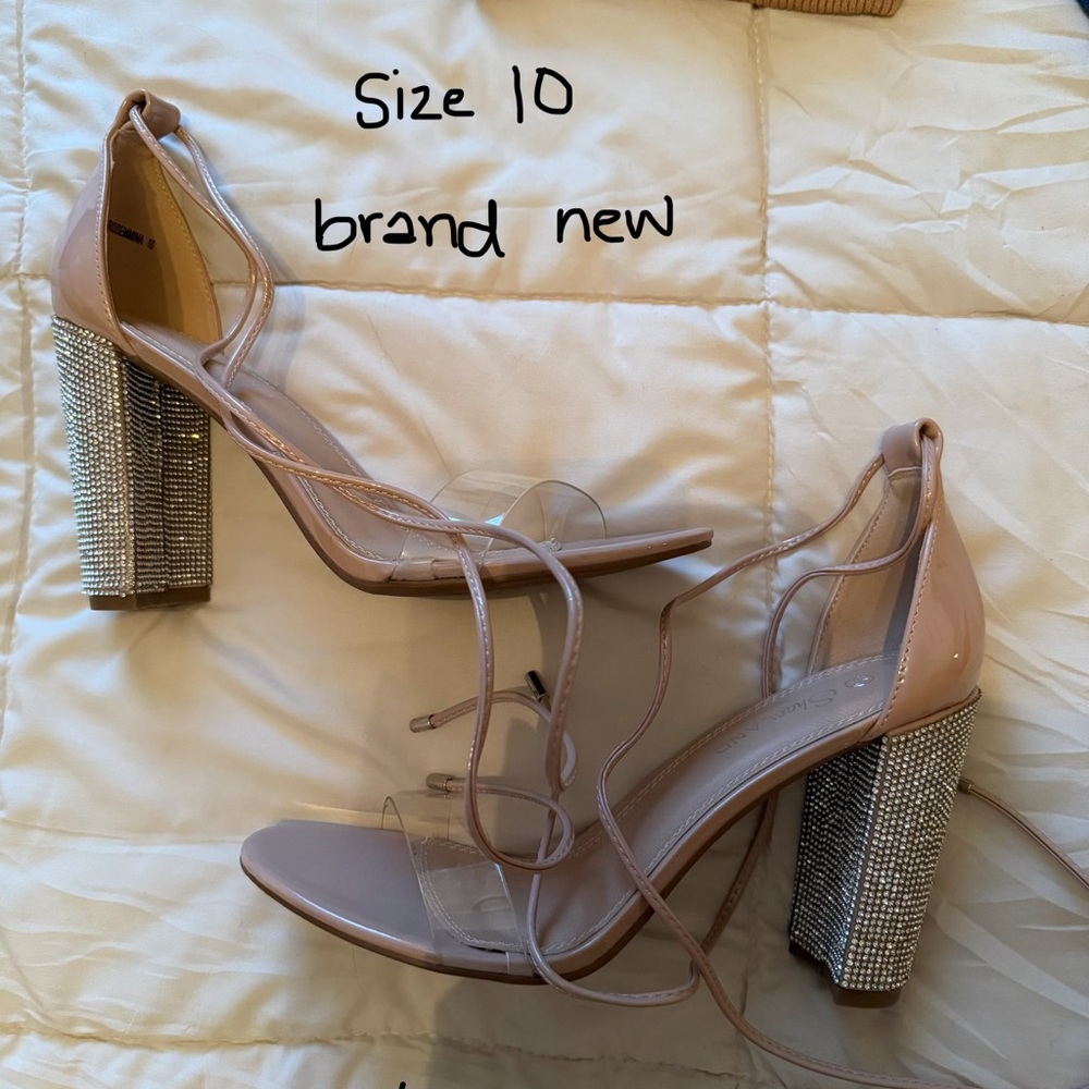 Nude Strappy Block Heel Sandals with Rhinestone Accent